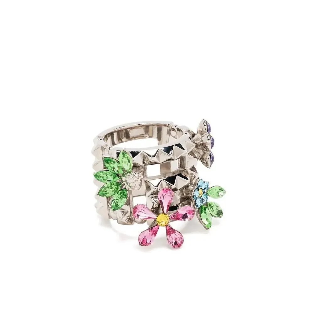 NIB Versace Multicolor Crystal Flower Bloom Ring Silver Tone IT 15 US 7 $675